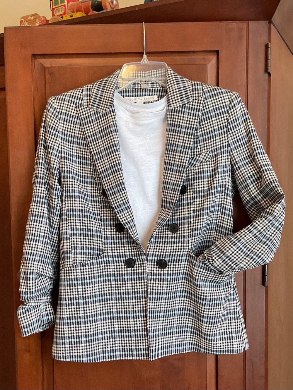Veronica Beard Double-Breasted Houndstooth Dickey Blazer - Black & White & Blue